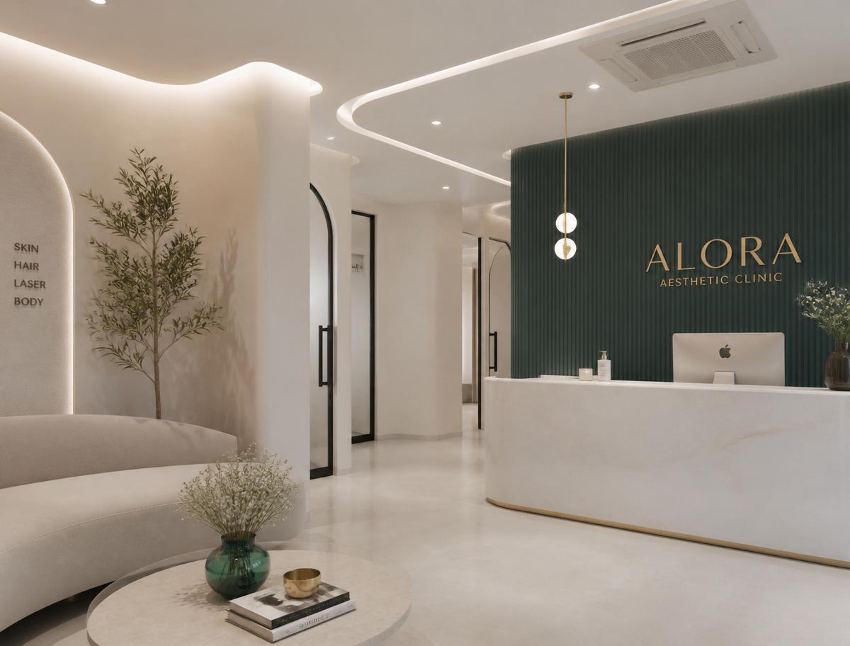 Recepção de clínica estética premium com estética moderna e sofisticada