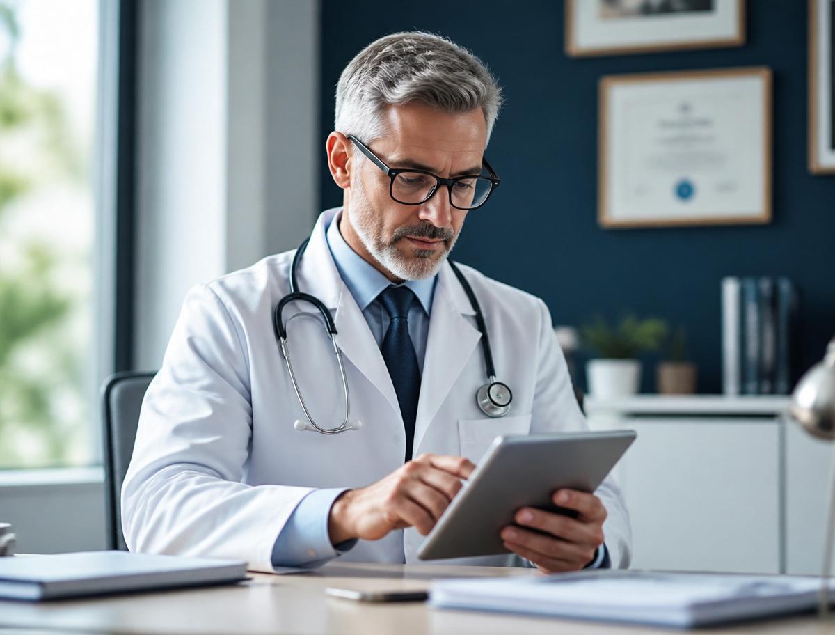 Médico em consultório analisando informações em tablet